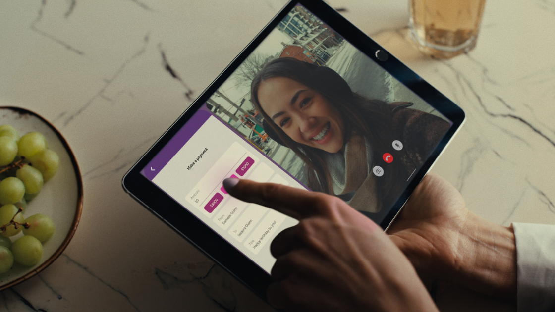 A split-focus frame intertwines human connection and digital finance through polished video production and storytelling.
