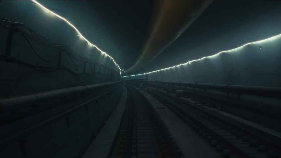 A wide, eerie view of an underground railway tunnel. The illuminated piping and curve of the track create a sci-fi tone, emphasizing isolation and scale.