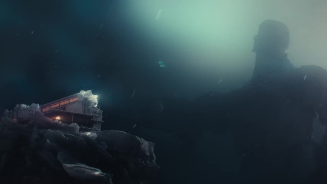 A surreal, wide shot of a colossal shadowy figure towering over a frozen, sci-fi structure. The glowing windows and icy textures hint at danger and scale in this world-building shot.