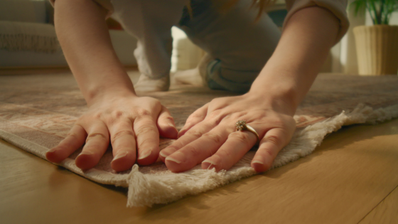 A close-up of hands smoothing the edges of a Tumble rug against the hardwood floor, capturing the care, texture, and durability designed into every detail.